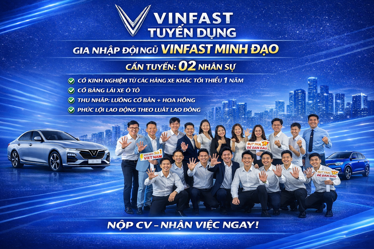 VinFast Phạm Văn Đồng thuộc NPP VinFast Minh Đạo tuyển dụng 2 tư vấn bán hàng